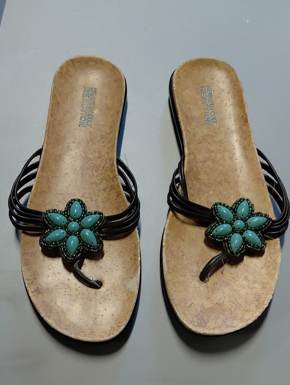 KENNETH COLE REACTION 8 Women's Teal Flower Slide Sandals boho Beachy Slides